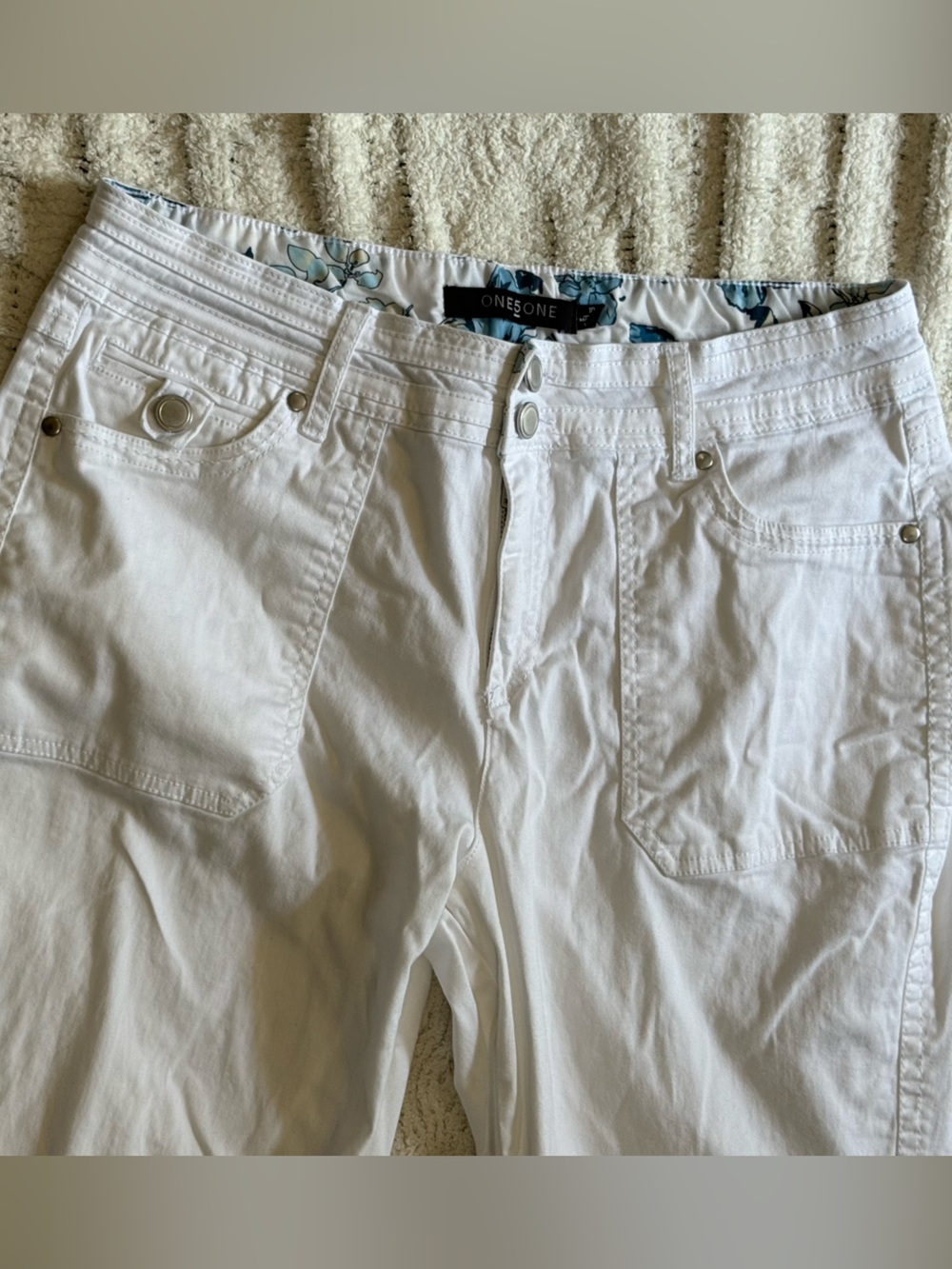 ONE5ONE White Cropped Pants Floral Waistband Stretch Cotton Size 10 - Picture 4 of 14